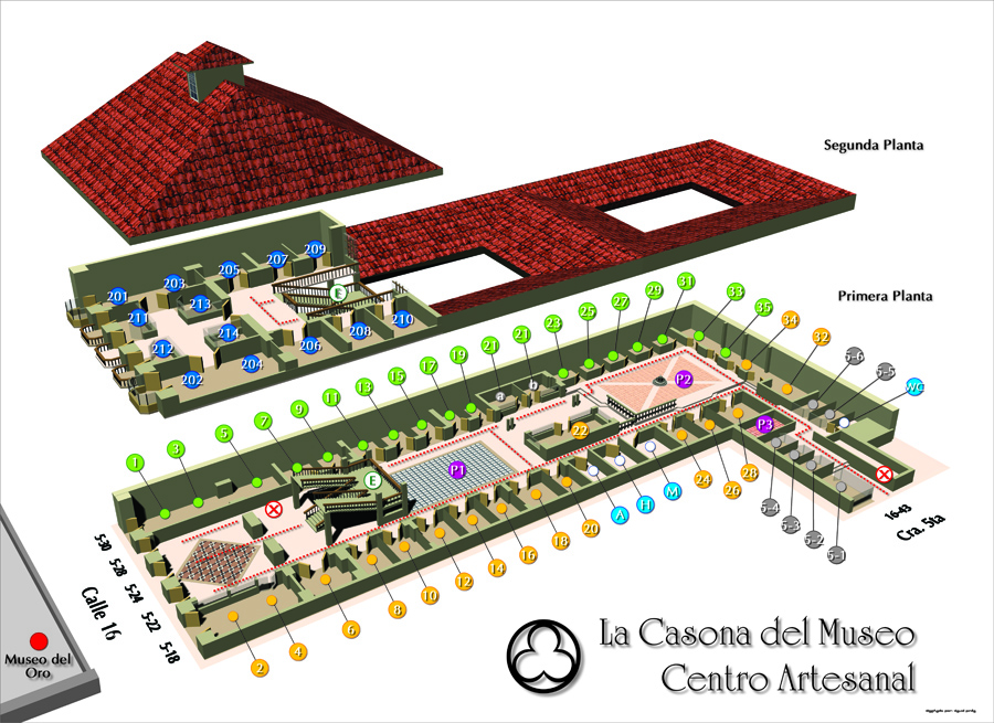 Vista isométrica de La Casona del Museo mostrando su arquitectura colonial en Bogotá | Isometric view of La Casona del Museo showcasing its colonial architecture in Bogotá